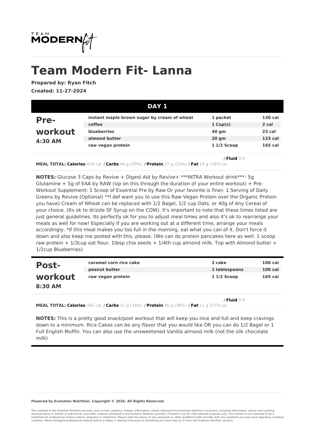 Evolution Nutrition meal plan page