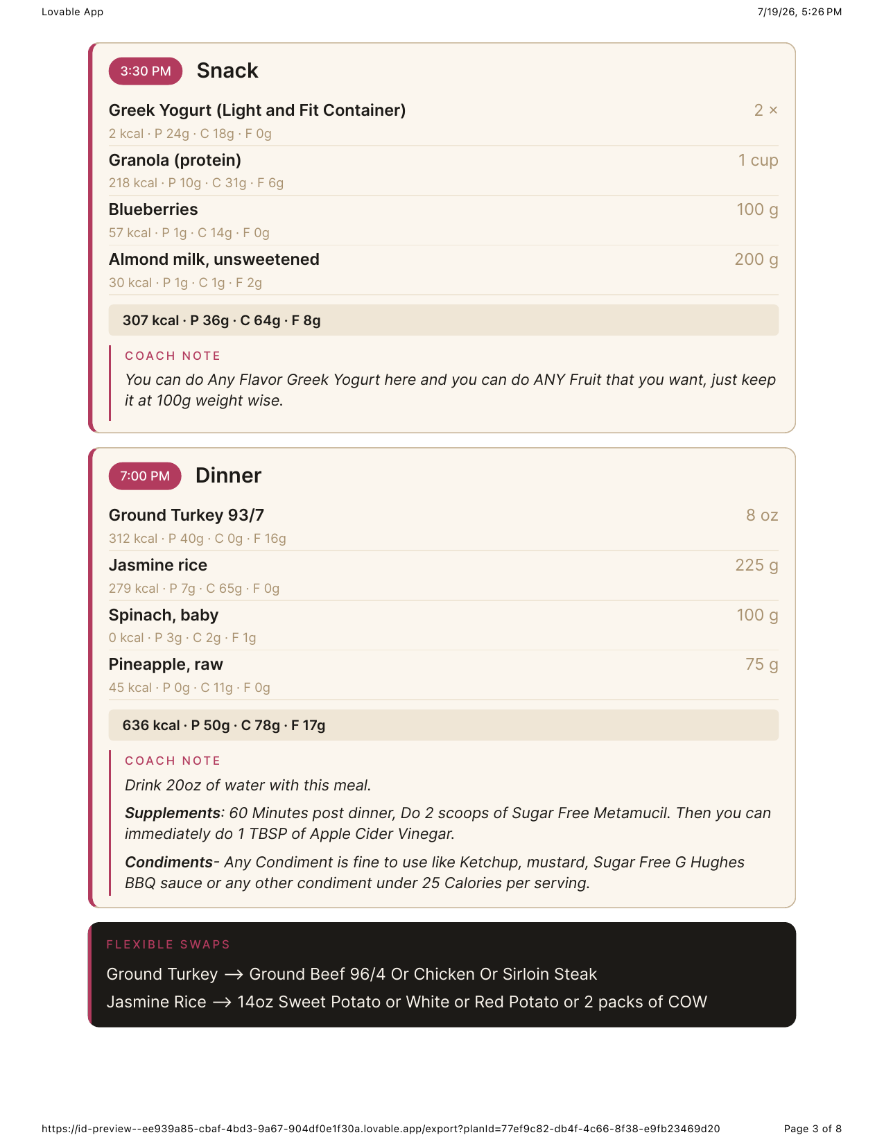 Detailed meal cards and coach notes
