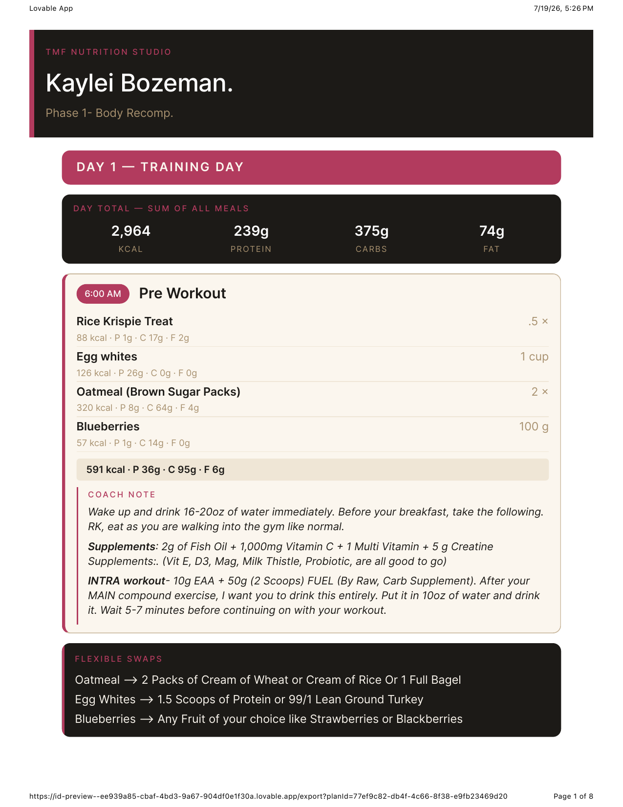 TMF plan with branded meal blocks and flexible swaps
